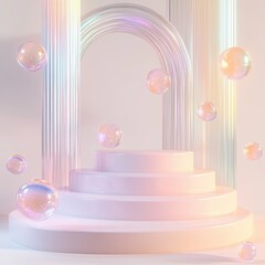 Dreamy pastel toned podium with floating bubbles in an ethereal setting
