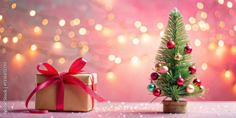 Poster a festive christmas scene with a wrapped gift and a miniature christmas tree adorned with colorful o