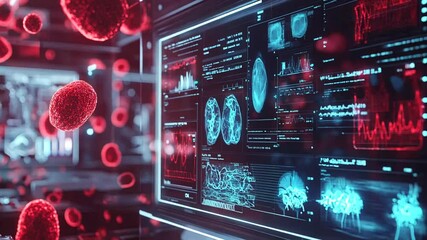 Advanced medical research screen interface displaying human organs and red blood cells - Powered by Adobe