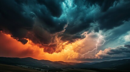 A dramatic storm forming in the distance over a mountain range, with clouds gathering and lightning flashing.