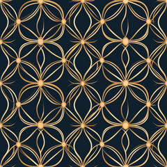 Seamless pattern of Geometric pattern featuring interwoven floral shapes in gold on a dark background.