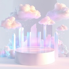 Fototapeta premium Pastel toned podium surrounded by iridescent clouds and futuristic cityscape