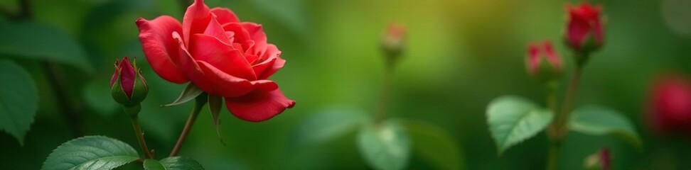 Crimson rose in full bloom amidst lush greenery, flora, stems, verdant background