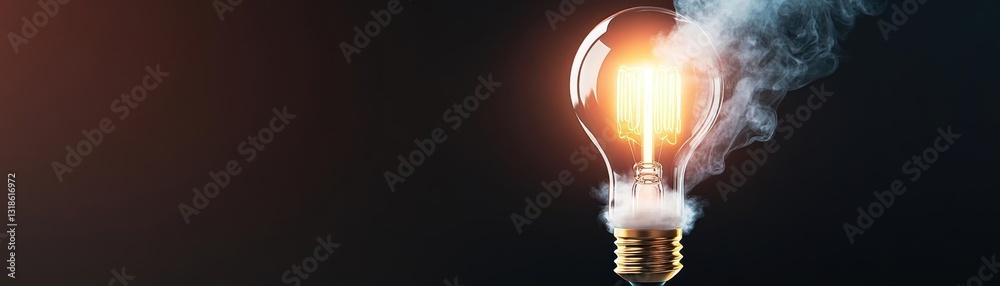 Poster a representation of an innovative idea symbolized by a glowing light bulb with smoke resembling a ro