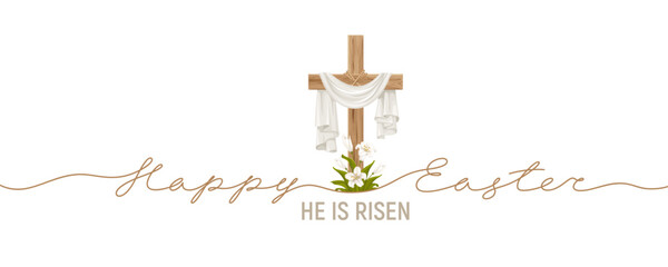 He is risen, Happy Easter greeting card. Cross with shroud and white lily flowers. Religious symbols of Good Friday, Palm Sunday, Easter Sunday. Calligraphy by continuous line. Vector illustration