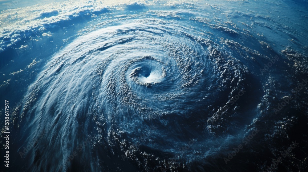 Poster a large cyclone over the ocean, with a clear view of the swirling vortex and strong winds forming on