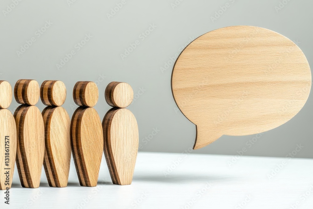 Poster A row of wooden figures stand before a speech bubble, representing diverse voices and communication