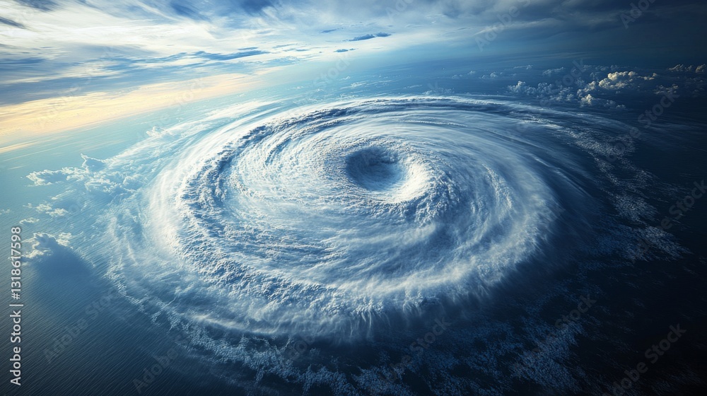 Poster a large cyclone over the ocean, with a clear view of the swirling vortex and strong winds forming on