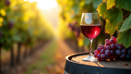 Red Wine in Vineyard at Sunset