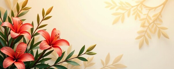 Exotic flower and leafy branches in gold hues, exotic, gold, florals