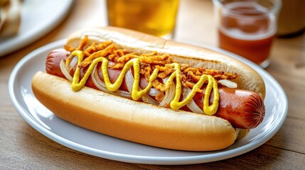 A scrumptious hot dog is served on a white plate, topped with mustard and crispy onions, alongside a glass of cold beverage and condiments, creating a warm dining atmosphere
