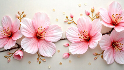 Abstract Cherry Blossom Art: White and Pink Flowers with Gold Details on Canvas
