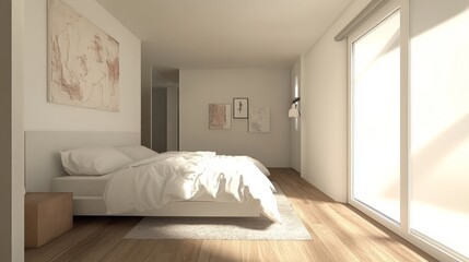 A minimalist bedroom featuring a cozy white bed with minimalist art pieces on the wall and a simple wooden floor.