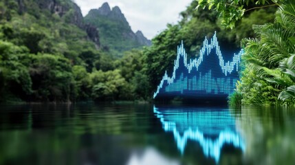 Obraz premium A serene landscape where a giant digital stock chart emerges from a calm lake, symbolizing the hidden depths and potential of market fluctuations