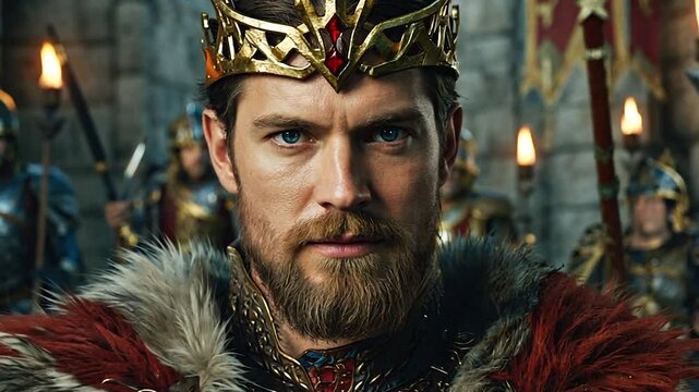 Merovingian king standing in a dimly lit medieval castle, wearing a fur-lined royal cloak and a golden crown, exuding power and nobility.
