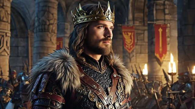 Merovingian king standing in a dimly lit medieval castle, wearing a fur-lined royal cloak and a golden crown, exuding power and nobility.