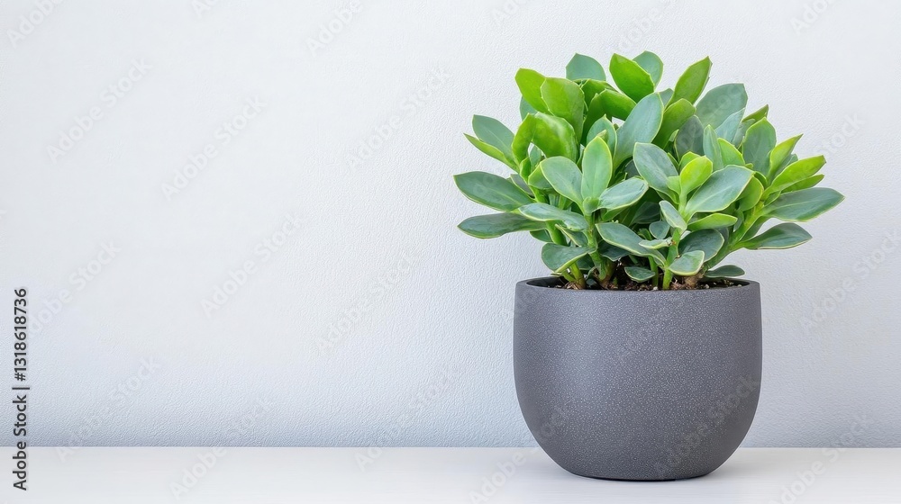 Poster a serene workspace with a jade plant in a modern pot and simple decorative touches