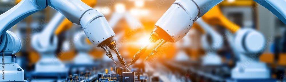 Fototapete a series of robotic arms work in unison to assemble circuit boards on a production line the bright, 