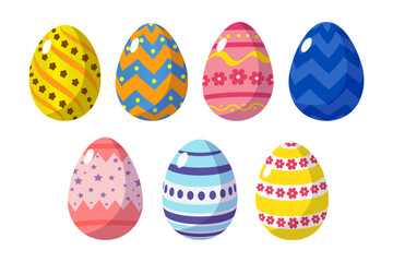 Set of seven colorful Easter eggs with unique patterns, including flowers, zigzags, stars, and stripes. Perfect for festive designs, greeting cards, and decorations.
