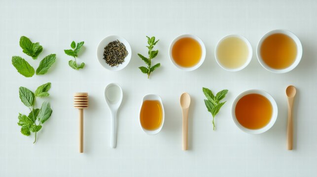 Aromatic Ritual: An overhead shot captures an organized arrangement of elements used in tea-making and honey, inviting you to indulge in a moment of tranquility and delicious flavor.