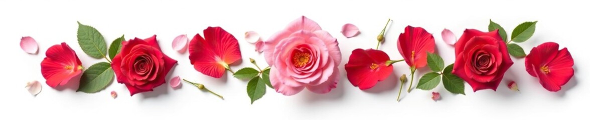Fototapeta premium Sprigs of fresh rose petals isolated on white background, rose, green