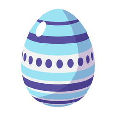 Easter egg with blue and purple stripes, adorned with a white oval accent and a row of dark blue dots, set against a white background