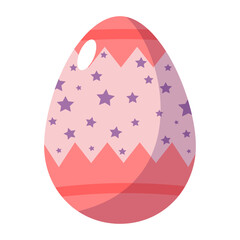 A charming Easter egg with pink hues, adorned with purple star patterns and a white oval accent, set against a white background.