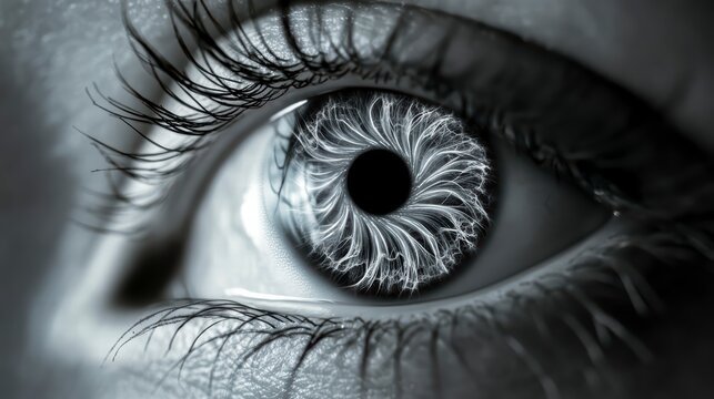 Intense Gaze: A captivating close-up of a human eye, the intricate iris design, and long eyelashes add depth to this evocative portrayal of inner contemplation.