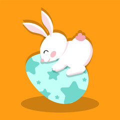 Cute Easter bunny hugging a pastel blue egg with star patterns on an orange background. Adorable and cozy design, perfect for Easter themed illustrations, greeting cards, and festive decorations.