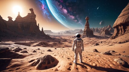 Astronaut standing on alien planet, looking at vast desert landscape with distant planets and stars. Perfect for space exploration, sci-fi, and futuristic themes.