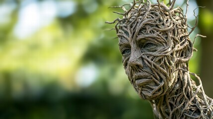 The Guardian of Nature: A captivating sculpture of a face woven from natural materials, representing the earth's spirit, against a backdrop of lush greenery.