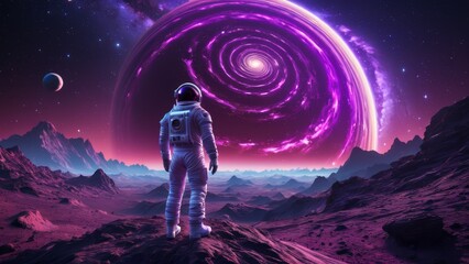 Astronaut on alien planet gazing at glowing galaxy and cosmic scenery. Great visual for space discovery, space travel, and futuristic exploration concepts.