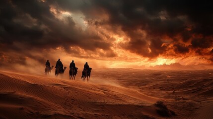 Four riders on camels navigate through a sandy desert under ominous clouds, illuminated by the warm glow of the setting sun. Dust swirls around them in a captivating display of nature