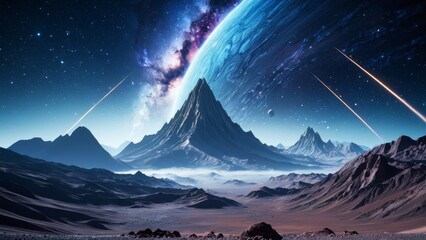 Futuristic space scene with rocky terrain and towering mountains on alien planet, with distant galaxy and cosmic horizon. Ideal for intergalactic journey and space discovery.
