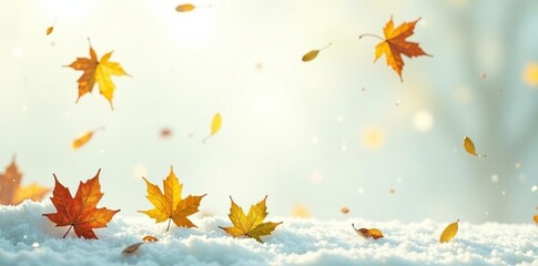 Delicate maple leaves fall gently on a snowy white background, green, texture, foliage