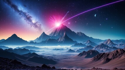 Cosmic view of rocky mountains and vast space landscape on alien planet, with distant planets and galaxy. Great visual for space adventure and exploration themes.