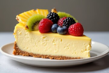 Delicious New York Cheesecake Close-up with Fruit Arrangement