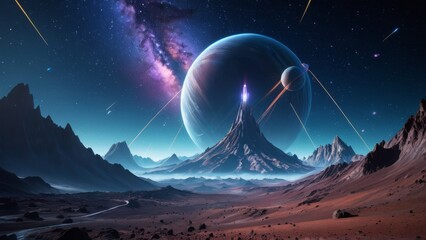 Futuristic cosmic landscape with towering mountains and galaxy in the sky. Perfect for space adventure, sci-fi, and exploration visuals.