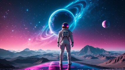 Astronaut standing on alien planet, gazing at vast cosmic scenery with glowing purple planet and distant moons. Perfect for space exploration, sci-fi, and futuristic themes.