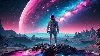 Futuristic astronaut exploring alien landscape with cosmic reflection in water, surrounded by towering rocky formations and distant planets. Ideal for space adventure and discovery.
