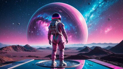 Astronaut on alien world gazing at cosmic scenery, reflection of space, and distant stars. Ideal for futuristic space travel, exploration, and planetary discovery.