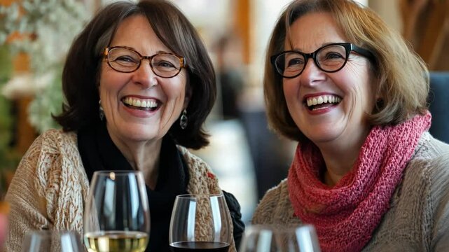 A bonding moment between two females during a wine tasting event, laughing and sharing compliments on the flavors.