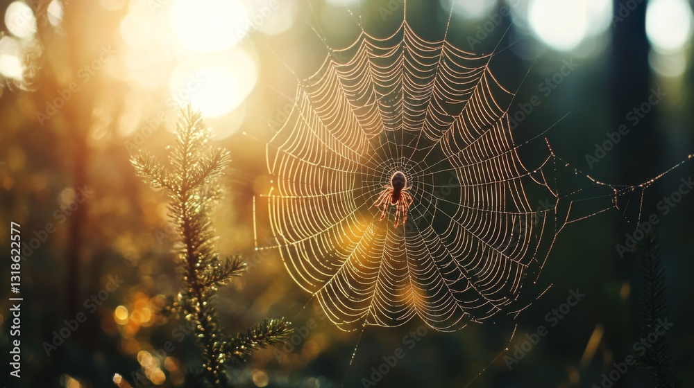 Poster a wide shot of a spider spinning its web in the middle of a quiet forest, with the web catching the 