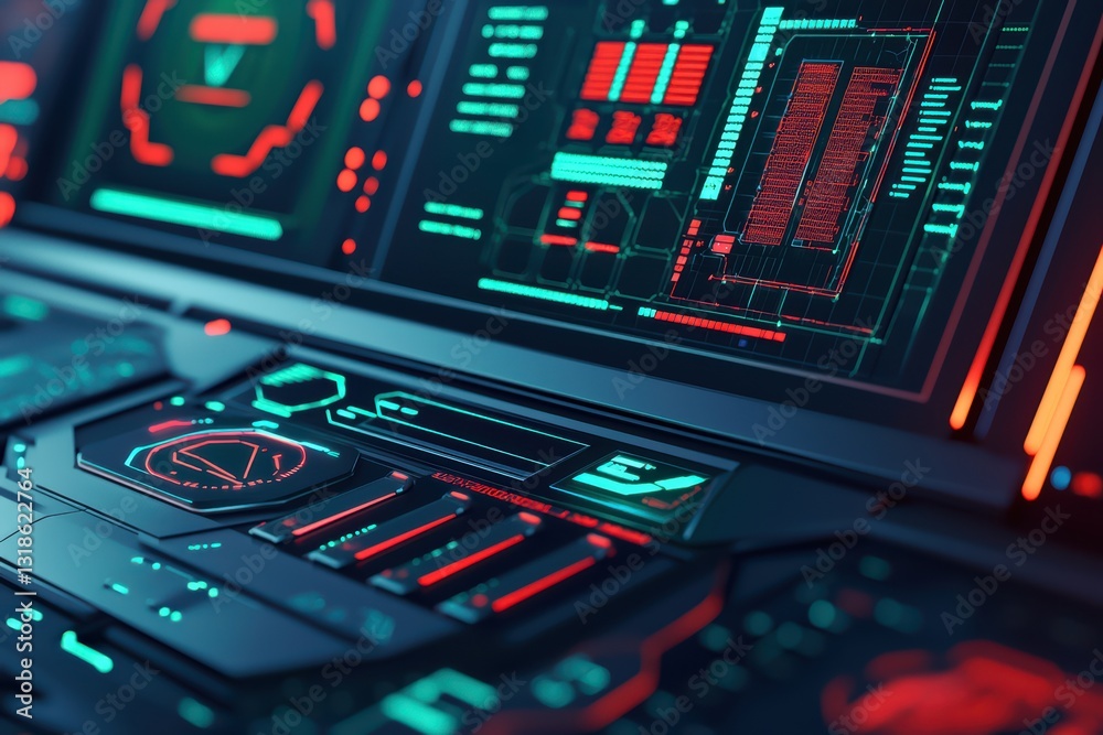 Poster futuristic 3d rendered workspace with multiple screens for hackers and tech enthusiasts