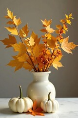 Small white gourds and golden leaves in a vase with autumnal flowers, arrangements, autumn, flowers