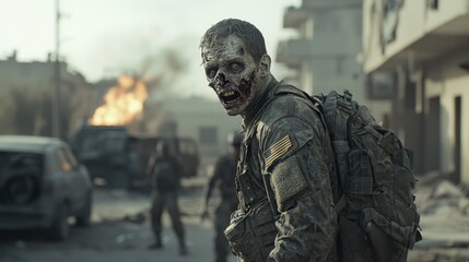 A soldier, transformed into a zombie, roams a devastated urban landscape. Smoke billows from burning vehicles as survivors navigate the chaos around them