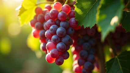 Ripe Red Grapes on Vine in Sunlight