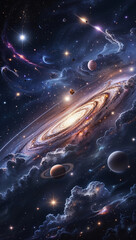 宇宙空間に浮かぶ星雲と星と渦巻きと雲海