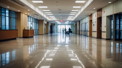 Blur abstract background of corridor in clean hospital Blurred view of aisle in office with light floor Blurry lobby and waiting area in hotel Defocused empty area for event hall in sh : Generative AI