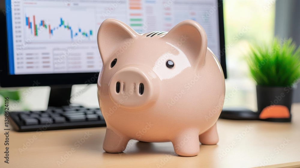 Poster A stylish piggy bank sits on a desk with financial charts displayed on a computer screen, symbolizing savings and investment strategies in a modern workspace environment